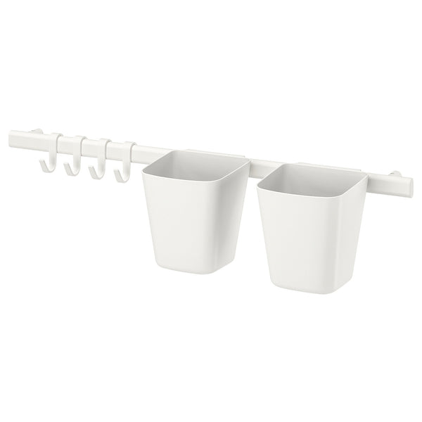 IKEA SUNNERSTA RAIL WITH 4 HOOKS AND 2 CONTAINERS WHITE
