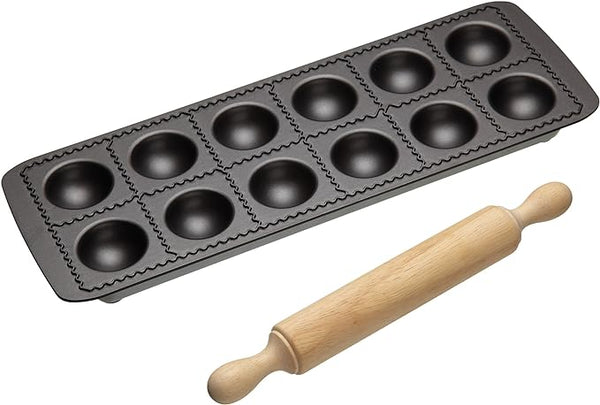WOLRD OF FLAVOURS RAVIOLI TRAY 12HOLE WITH ROLLING PIN 2PCE