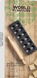 WOLRD OF FLAVOURS RAVIOLI TRAY 12HOLE WITH ROLLING PIN 2PCE
